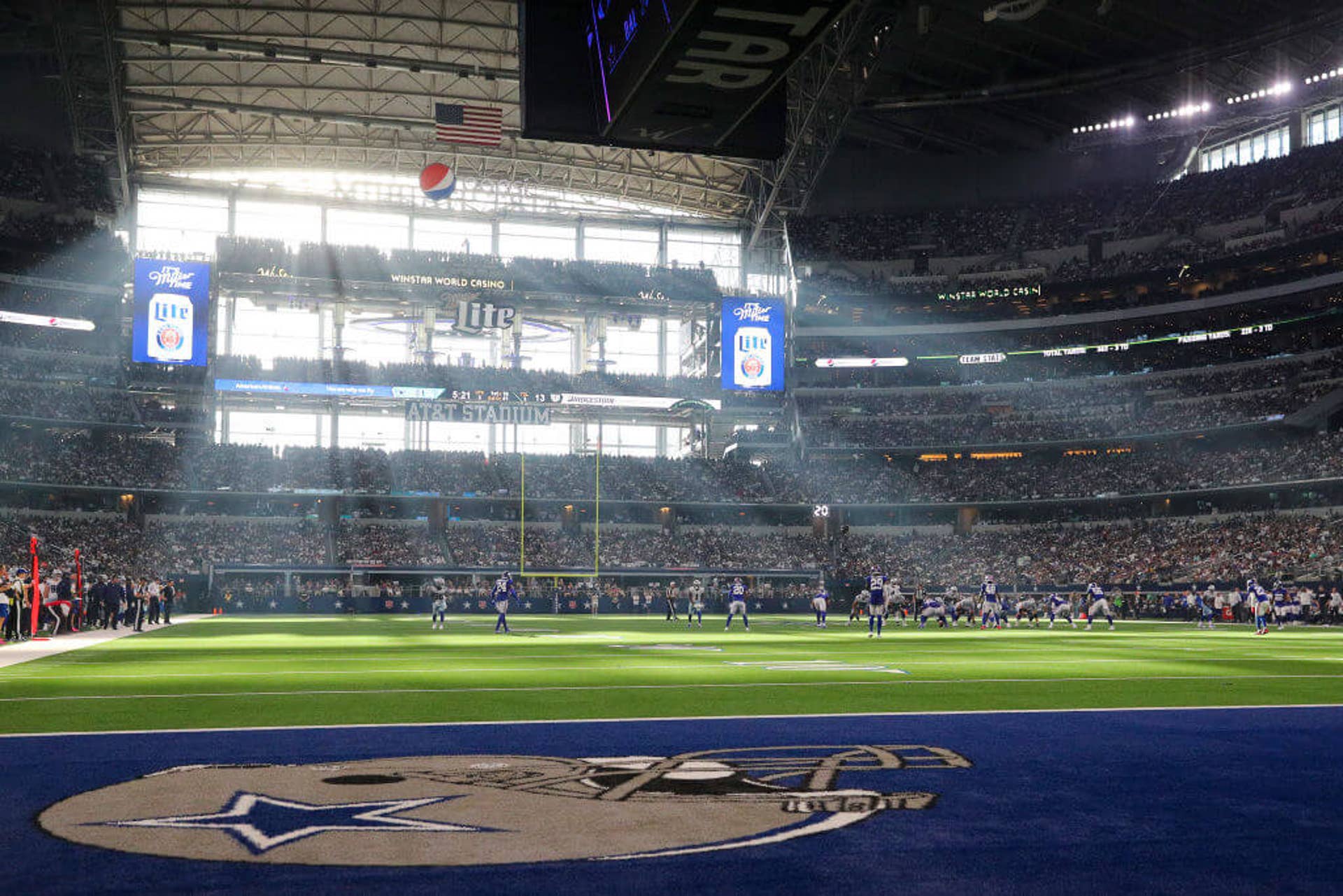 The sun shines through the windows at AT&T Stadium during the game between the Dallas Cowboys and New York Giants on October 10, 2021 in Arlington, Texas.
