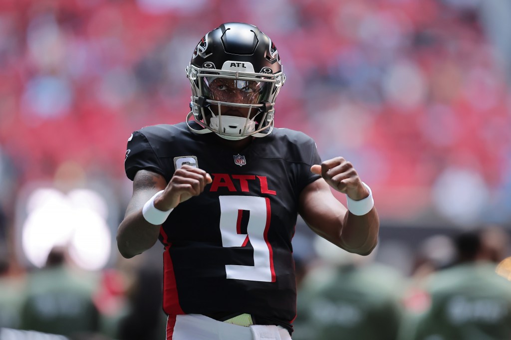 Michael Penix Jr. #9 of the Atlanta Falcons looks on prior to the game against the Carolina Panthers at Mercedes-Benz Stadium on November 16, 2025 in Atlanta, Georgia.
