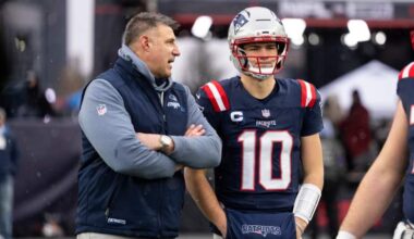 New England Patriots head coach Mike Vrabel and QB Drake Maye