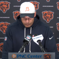 Chicago Bears head coach Ben Johnson on the podium prior to the first day of rookie minicamp.