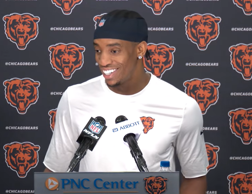 Chicago Bears rookie cornerback Malik Muhammad speaks with reporters at rookie minicamp.