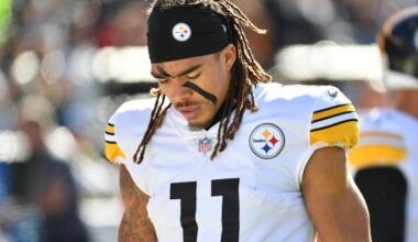 Oct 30, 2022; Philadelphia, Pennsylvania, USA; Pittsburgh Steelers wide receiver Chase Claypool (11) on the sidelines against the Philadelphia Eagles at Lincoln Financial Field.