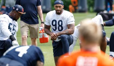 Jun 5, 2024; Lake Forest, IL, USA; Chicago Bears defensive end Montez Sweat (98) looks on during the team's minicamp at Halas Hall.