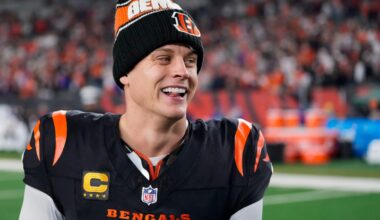 Bengals quarterback Joe Burrow celebrates a Week 17 overtime win over the Denver Broncos that kept Cincinnati's slim playoff hopes alive. Burrow threw for 412 yards and three touchdowns in the game and also added a rushing score.