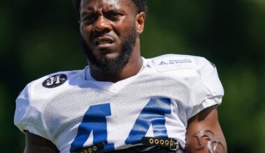 Indianapolis Colts linebacker Zaire Franklin (44) walks up the field Sunday, Aug. 10, 2025, during Indianapolis Colts Training Camp at Grand Park in Westfield.