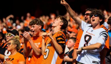 Sep 14, 2025; Cincinnati, Ohio, USA; Cincinnati Bengals fans cheer during the second half against the Jacksonville Jaguars at Paycor Stadium.