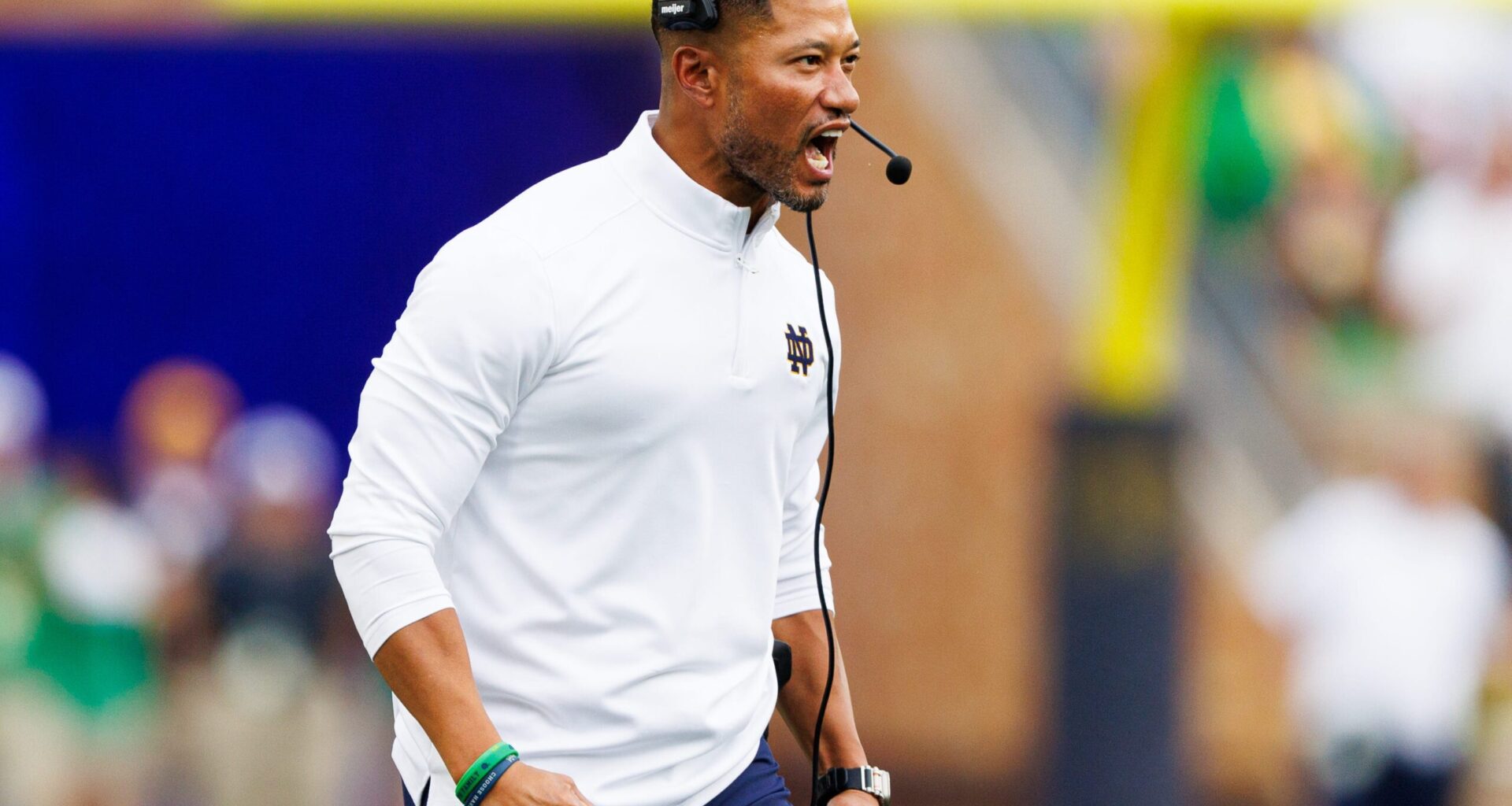 Notre Dame head coach Marcus Freeman celebrates after an interception by cornerback Christian Gray during the first half of a NCAA football game against Purdue at Notre Dame Stadium on Saturday, Sept. 20, 2025, in South Bend.