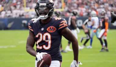Sep 21, 2025; Chicago, Illinois, USA; Chicago Bears cornerback Tyrique Stevenson (29) reacts after a turnover against the Dallas Cowboys during the first half at Soldier Field.