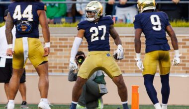Notre Dame linebacker Kyngstonn Viliamu-Asa (27) celebrates after intercepting a pass in the second half of a NCAA football game against NC State at Notre Dame Stadium on Saturday, Oct. 11, 2025, in South Bend.