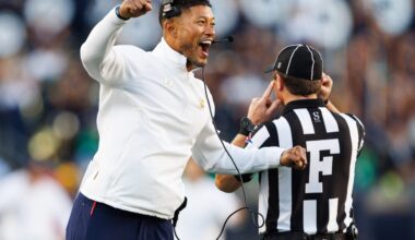 Notre Dame head coach Marcus Freeman celebrates after the defense scored a safety in the second half of a NCAA football game against NC State at Notre Dame Stadium on Saturday, Oct. 11, 2025, in South Bend.