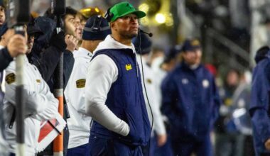 Nov 8, 2025; South Bend, Indiana, USA; Notre Dame Fighting Irish head coach Marcus Freeman looks to the scoreboard against the Navy Midshipmen during the first half at Notre Dame Stadium.