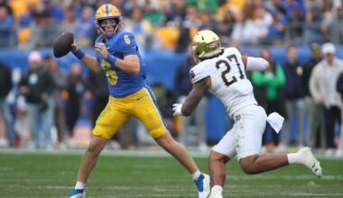 Pittsburgh Panthers quarterback Mason Heintschel (6) prepares to fire the ball downfield while being pressured by Notre Dame Fighting Irish linebacker Kyngstonn Viliamu-Asa (27) during the first half at Acrisure Stadium in Pittsburgh, PA on November 15, 2025.