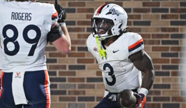 Nov 15, 2025; Durham, North Carolina, USA; Virginia Cavaliers running back J'Mari Taylor (3) celebrates after scoring a touchdown during the third quarter against the Duke Blue Devils at Wallace Wade Stadium.