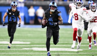 Nov 23, 2025; Detroit, Michigan, USA; Detroit Lions running back Jahmyr Gibbs (0) runs the ball for a touchdown in over time against the New York Giants at Ford Field.