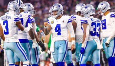 Nov 23, 2025; Arlington, Texas, USA; Dallas Cowboys quarterback Dak Prescott (4) greets Dallas Cowboys wide receiver George Pickens (3) during the game against the Philadelphia Eagles at AT&T Stadium.