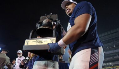 Jan 2, 2026; Memphis, TN, USA; Navy Midshipmen defensive lineman Landon Robinson (96) reacts while holding the Liberty Bowl trophy after defeating the Cincinnati Bearcats in the Liberty Bowl at Simmons Bank Liberty Stadium.