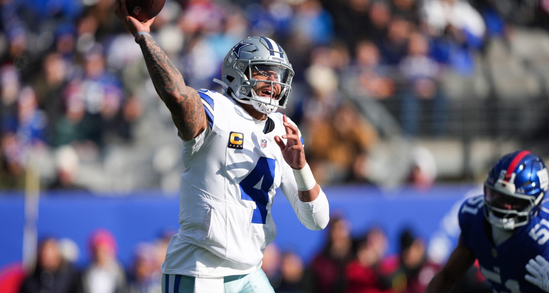 Jan 4, 2026; East Rutherford, New Jersey, USA; Dallas Cowboys quarterback Dak Prescott (4) throws a pass during the first quarter against the New York Giants at MetLife Stadium.