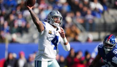Jan 4, 2026; East Rutherford, New Jersey, USA; Dallas Cowboys quarterback Dak Prescott (4) throws a pass during the first quarter against the New York Giants at MetLife Stadium.