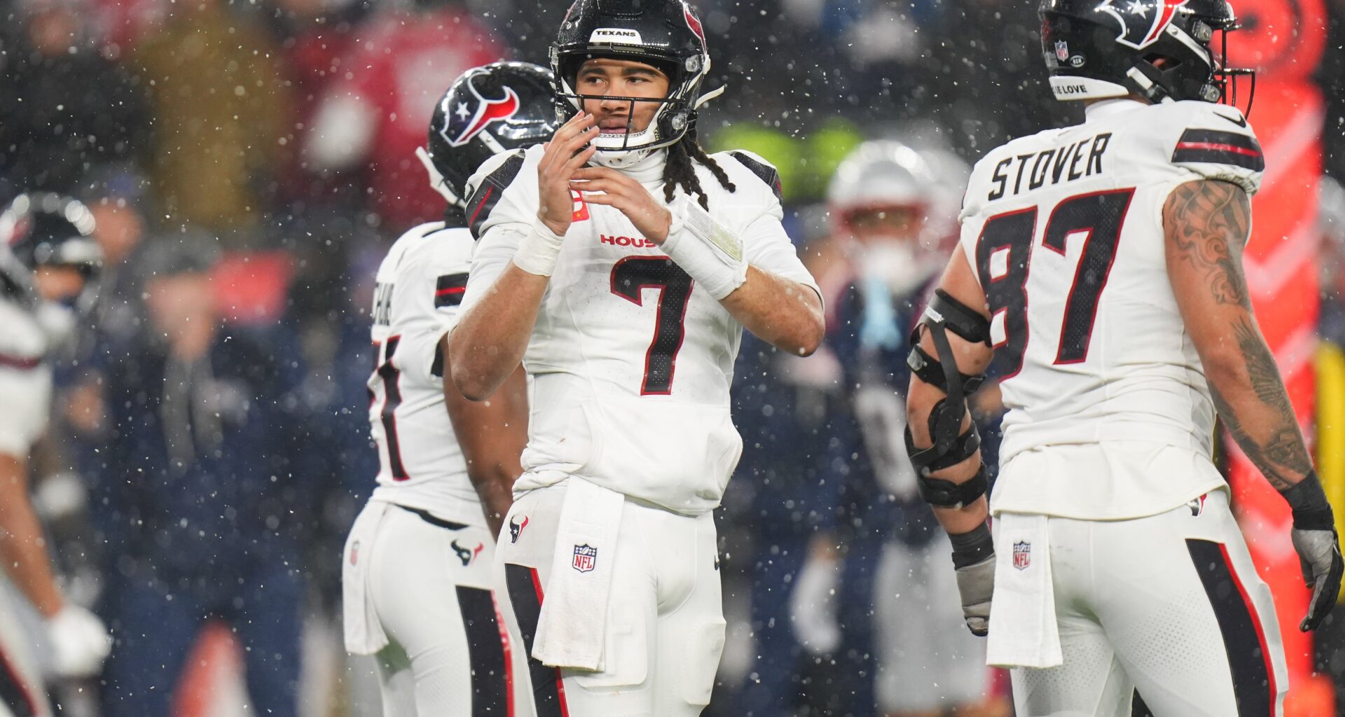 Jan 18, 2026; Foxborough, MA, USA; Houston Texans quarterback C.J. Stroud (7) calls for a time out in the fourth quarter against the New England Patriots in an AFC Divisional Round game at Gillette Stadium.