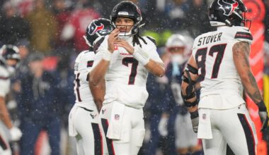Jan 18, 2026; Foxborough, MA, USA; Houston Texans quarterback C.J. Stroud (7) calls for a time out in the fourth quarter against the New England Patriots in an AFC Divisional Round game at Gillette Stadium.