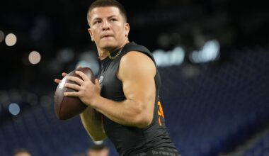 eb 28, 2026; Indianapolis, IN, USA; Vanderbilt quarterback Diego Pavia (QB14) during the NFL Scouting Combine at Lucas Oil Stadium.
