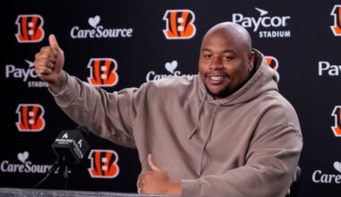 Newly signed Cincinnati Bengals defense tackle Dexter Lawrence speaks in a press conference for the first time since joining the team at Paycor Stadium in Cincinnati on Monday, April 20, 2026.