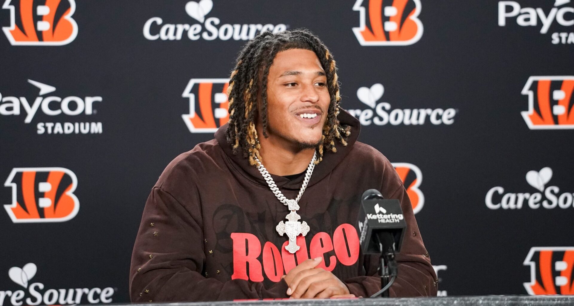 Cincinnati Bengals second round pick Cashius Howell speaks with media during the 2026 NFL Draft, Saturday, April 25, 2026, at Paycor Stadium in downtown Cincinnati.