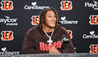 Cincinnati Bengals second round pick Cashius Howell speaks with media during the 2026 NFL Draft, Saturday, April 25, 2026, at Paycor Stadium in downtown Cincinnati.