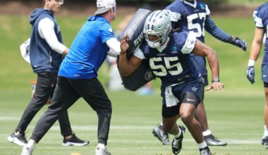 May 1, 2026; Frisco, TX, USA; Dallas Cowboys linebacker Jaishawn Barham (55) goes through a drill during practice at the Ford Center at the Star Training Facility in Frisco, Texas.
