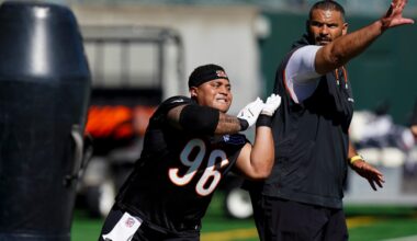 Bengals defensive tackle Landon Robinson (96) runs through a drill during a rookie mini camp workout at the Bengals practice facility in downtown Cincinnati on Friday, May 8, 2026.