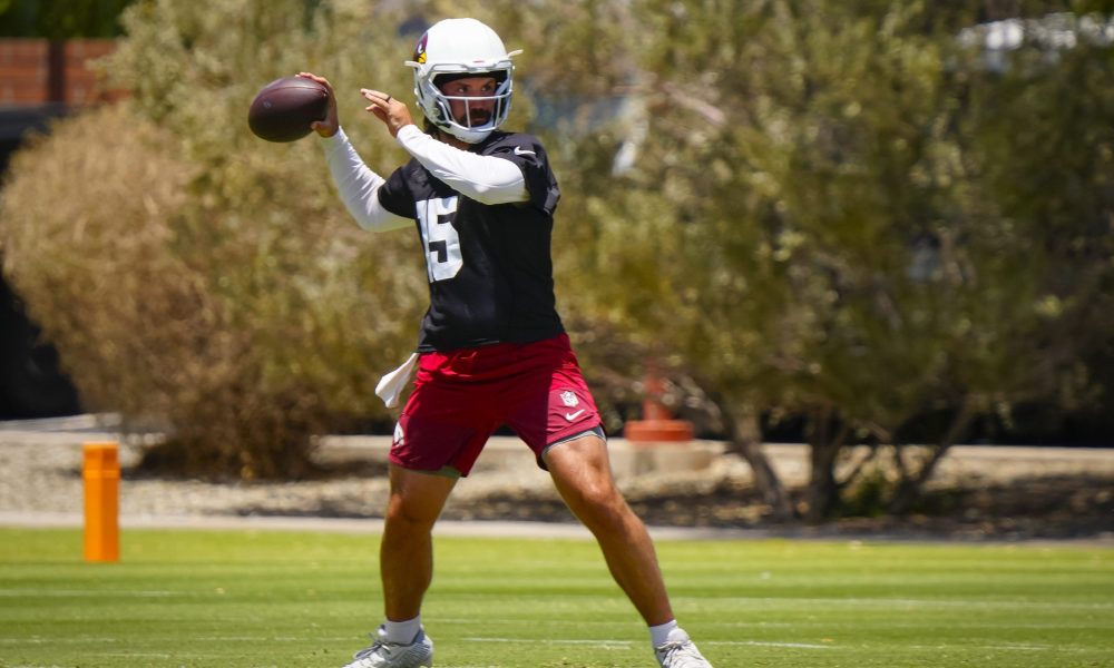 Arizona Cardinals quarterback Gardner Minshew II (15) throws passes during organized team activities at the Cardinals Training Facility in Tempe on May 27, 2026.