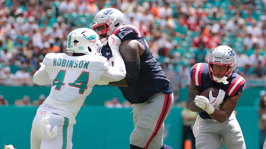 New England Patriots running back TreVeyon Henderson
