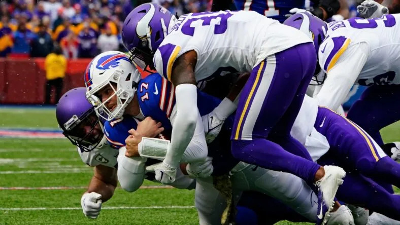 Chandon Sullivan tackles Josh Allen during the Vikings’ road game against the Bills at Highmark Stadium. Vikings schedule