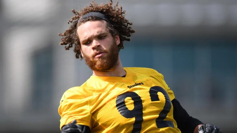 Isaiahh Loudermilk participates in drills during Steelers rookie minicamp at the UPMC Rooney Sports Complex in Pittsburgh.