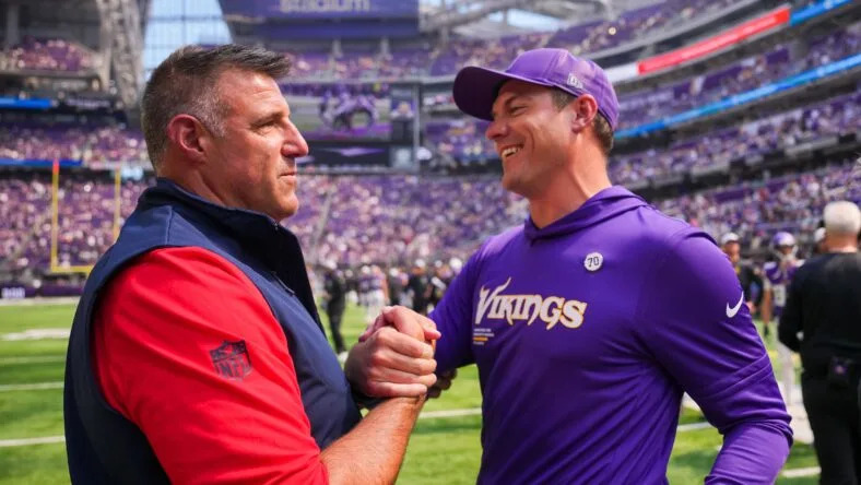 Aug 16, 2025; Minneapolis, Minnesota, USA; <a class="link " href="https://sports.yahoo.com/nfl/teams/new-england/" data-i13n="sec:content-canvas;subsec:anchor_text;elm:context_link" data-ylk="slk:New England Patriots;sec:content-canvas;subsec:anchor_text;elm:context_link;itc:0" data-yga="{"yLinkElement":"context_link","yModuleName":"content-canvas","yLinkText":"New England Patriots","ySubModuleName":"anchor_text","yHasCommerce":false}">New England Patriots</a> head coach Mike Vrabel and Minnesota Vikings head coach Kevon O’Connell meet after the game at U.S. Bank Stadium. Mandatory Credit: Brad Rempel-Imagn Images