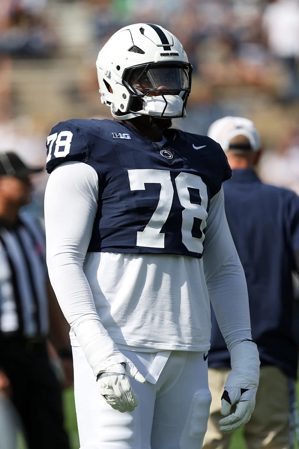 Sep 13, 2025; University Park, Pennsylvania, USA; Penn State Nittany Lions offensive linesman Malachi Goodman (78) during a warmup prior to the game against the Villanova Wildcats at Beaver Stadium. Mandatory Credit: Matthew O'Haren-Imagn Images