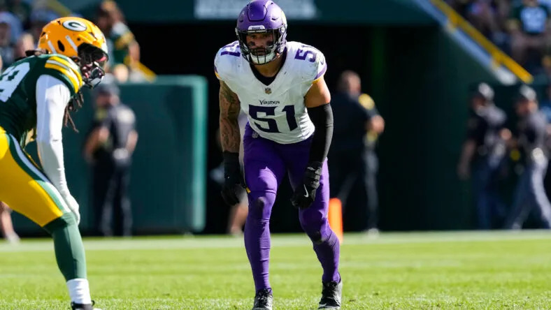 Sep 29, 2024; Green Bay, Wisconsin, USA; Minnesota Vikings linebacker Blake Cashman (51) during the game against the Minnesota Vikings at Lambeau Field. Mandatory Credit: Jeff Hanisch-Imagn Images.