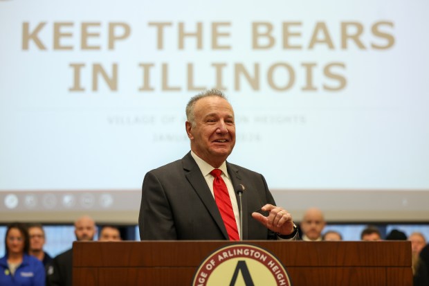 Arlington Heights Mayor Jim Tinaglia speaks at a press conference about the Mega Project Bill and how to keep the Bears in Illinois on Jan. 16, 2026, in Arlington Heights. (Stacey Wescott/Chicago Tribune)