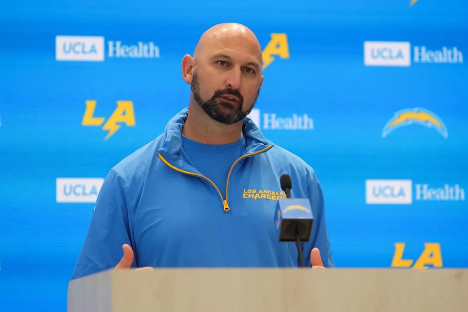 Los Angeles Chargers tight ends coach Chandler Henley addressing the press during Chargers organized team activities on May 11th, 2026 in El Segundo, CA.