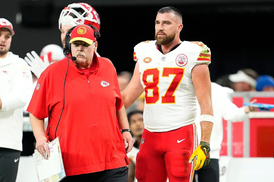 Andy Reid and Travis Kelce in November 2023Credit: Jeff Bottari/Getty