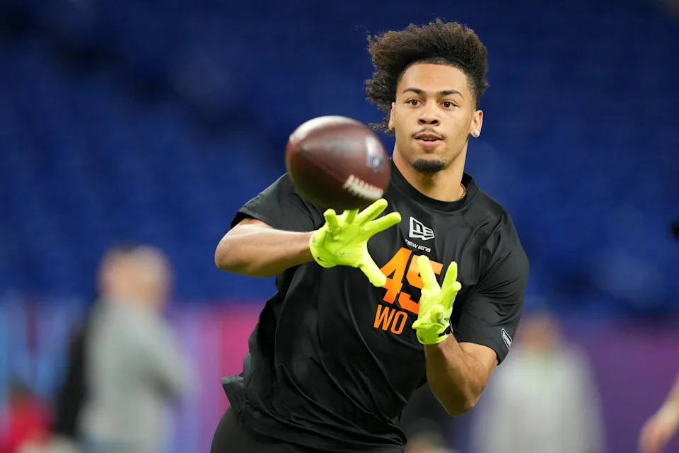 Feb 28, 2026; Indianapolis, IN, USA; Clemson wideout Antonio Williams (WO45) during the NFL Scouting Combine at Lucas Oil Stadium. Mandatory Credit: Kirby Lee-Imagn Images