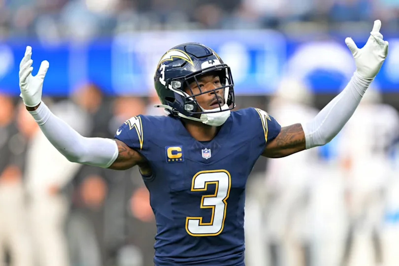 Los Angeles Chargers safety Derwin James Jr. (3) reacts against the Las Vegas Raiders during the first half at SoFi Stadium.