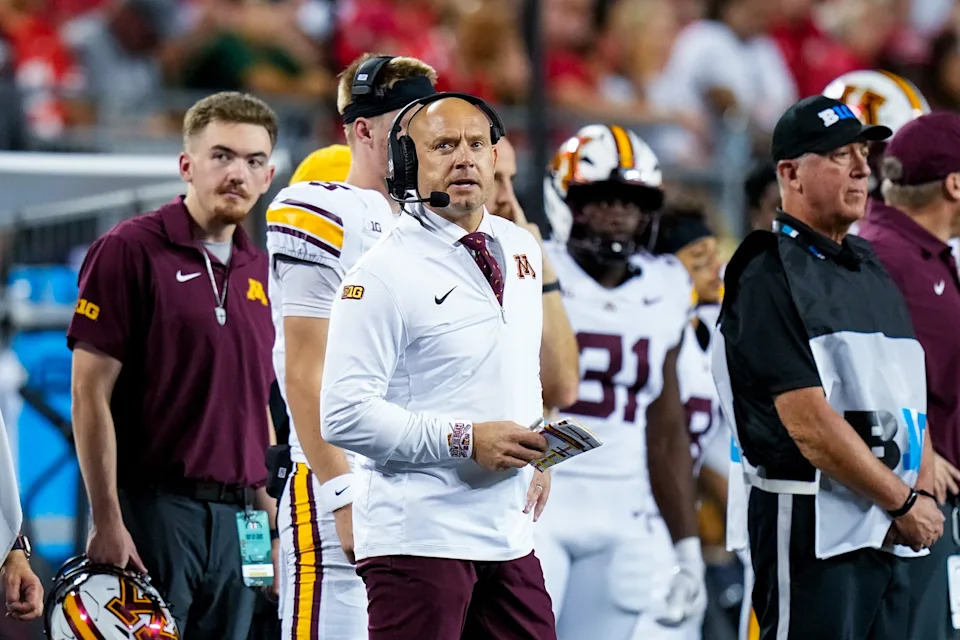 Minnesota Golden Gophers head coach P.J. Fleck reacts in the first half of the NCAA football game at Ohio Stadium on Saturday, Oct. 4, 2025 in Columbus, Ohio.