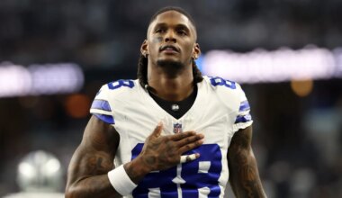 Football player wearing a white jersey with number 88, resembling CeeDee Lamb from the Cowboys, stands with his right hand on his chest as if in a heartfelt moment during Week 11.