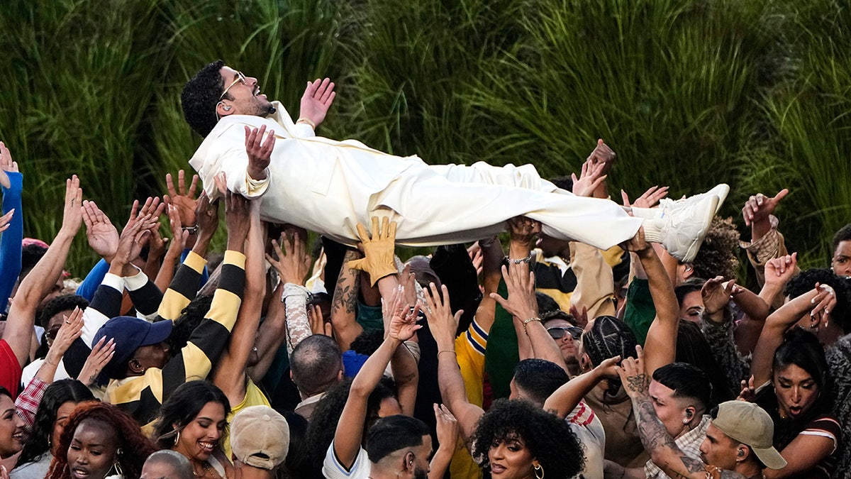 Bad Bunny performing on stage during NFL Super Bowl halftime show