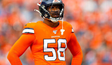 DENVER, CO - DECEMBER 22: Linebacker Von Miller #58 of the Denver Broncos stands on the field against the Detroit Lions during the first quarter at Empower Field at Mile High on December 22, 2019 in Denver, Colorado. The Broncos defeated the Lions 27-17.