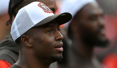 Cleveland Browns running back Nick Chubb takes in the crowd before an NFL preseason football game at Cleveland Browns Stadium