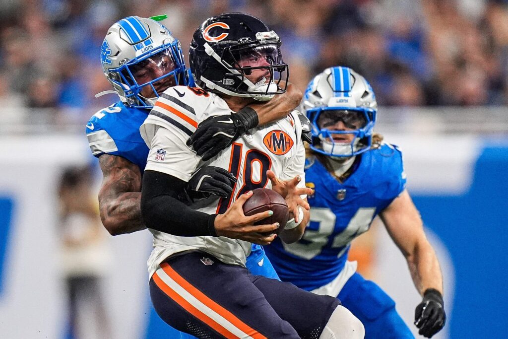Detroit Lions safety Brian Branch sacks Chicago Bears quarterback Caleb Williams during the second half at Ford Field in Detroit on Sunday, Sept. 14, 2025.