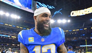 Los Angeles Chargers wide receiver Keenan Allen celebrates after defeating the Philadelphia Eagles at SoFi Stadium