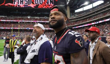 Aug 16, 2025; Houston, Texas, USA; Houston Texans wide receiver Nico Collins (12) watches the Houston Texans rush for a first down against the Carolina Panthers in the second half at NRG Stadium. Mandatory Credit: Thomas Shea-Imagn Images